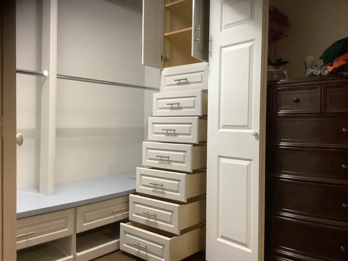 Custom closet drawer inserts pulled open