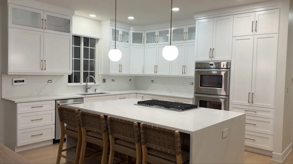 Rendering of an island with a waterfall countertop