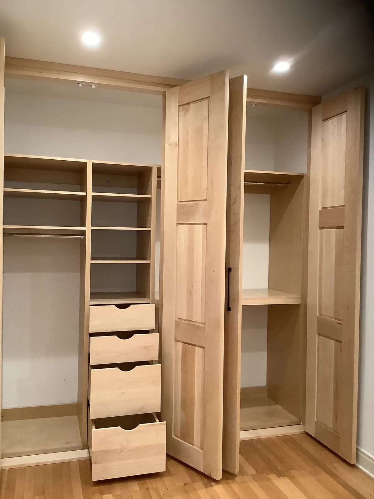 Natural-wood custom walk-in closet system